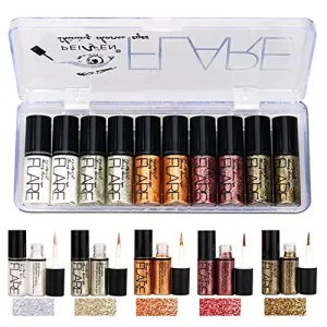 10-Pieces Long-Lasting Waterproof Sparkling Glitter Liquid Metallic Eyeliner/Eyeshadow Makeup Kit