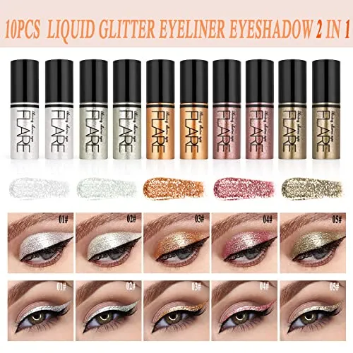10-Pieces Long-Lasting Waterproof Sparkling Glitter Liquid Metallic Eyeliner/Eyeshadow Makeup Kit