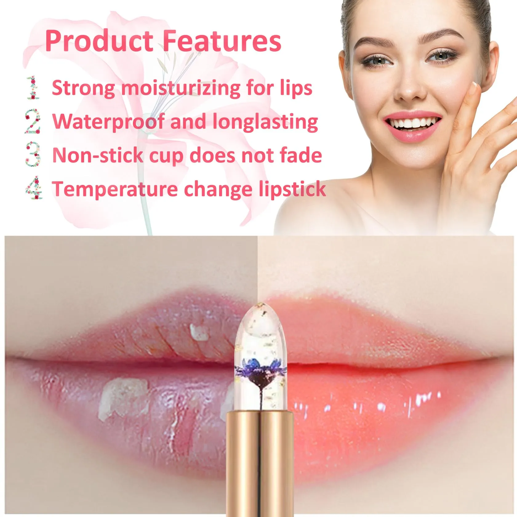 2 Pack Crystal Flower Jelly Lipstick,Magic Color Changing Lipstick,PH Clear Temperature Color Changing Lip Gloss,Lip Balm,Long Lasting Nourishing Moisturizing Lip Stick Set X02 03