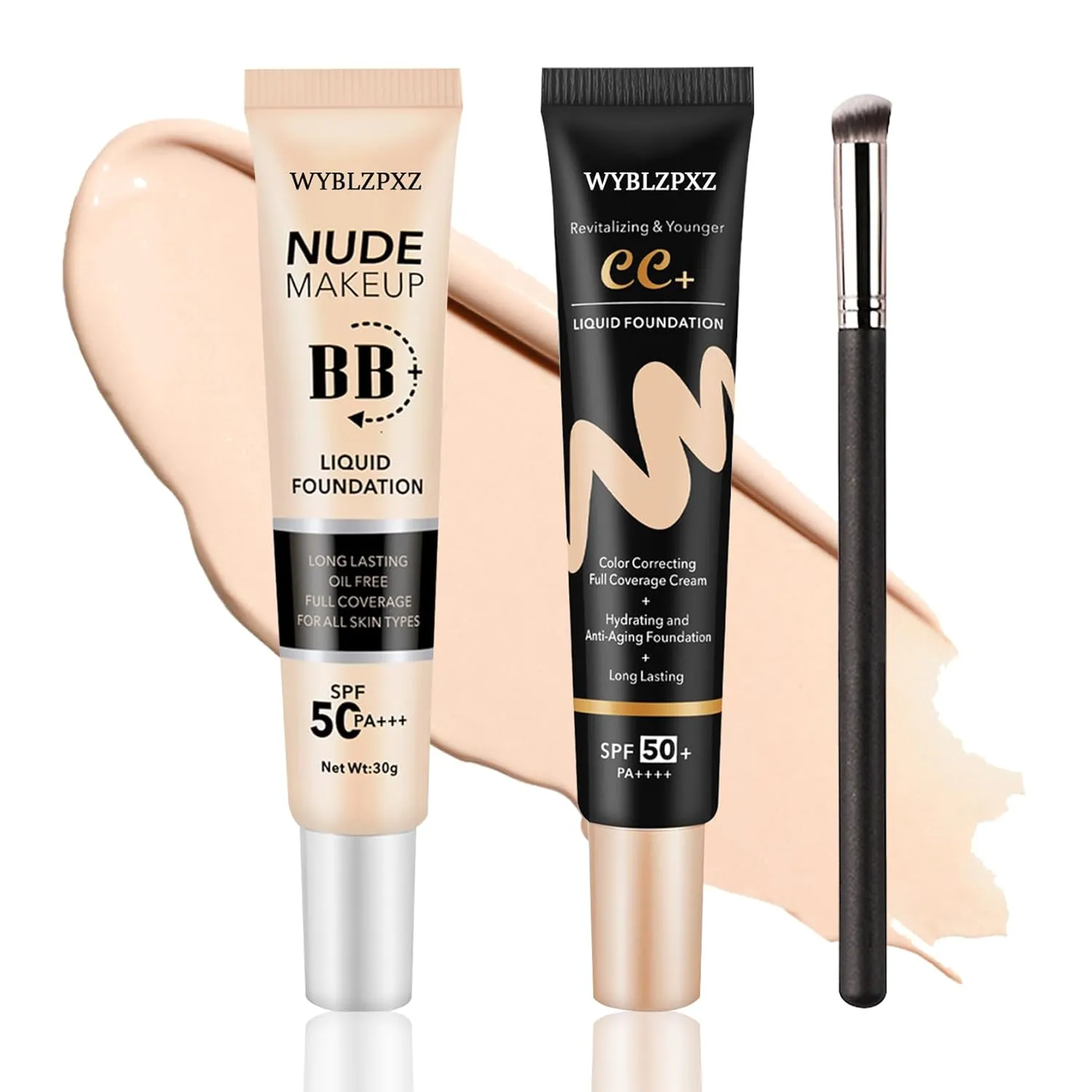2PCS Full Coverage Liquid Foundation Makeup Brush Set,Moisturizing BB Cream,Oil Control Hydrating CC Cream Foundation Makeup,Waterproof Concealer Full Coverage Foundation for Women
