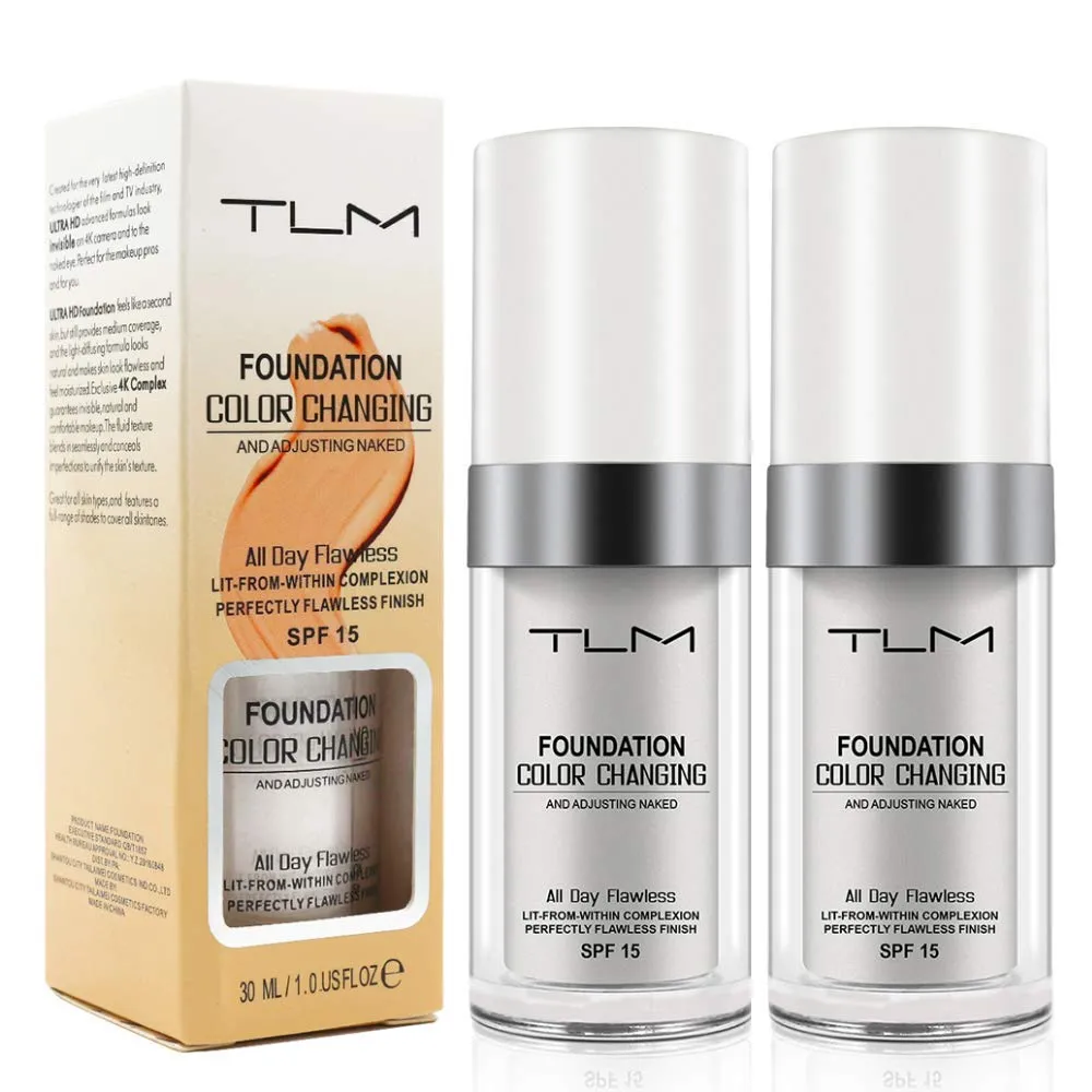 2PCS TLM Flawless Colour Changing Warm Skin Tone Foundation, Naturally Blends Moisturizing foundation makeup, Long Lasting Waterproof Lightweight Liquid Foundation SPF 15 for Face Makeup
