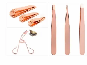 3Pcs Nail Clipper 3Pcs Tweezer 1Pc Eyelash Curler Rose Gold Professional Styling