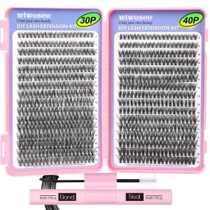 640Pcs Lash Extension Kit, DIY Eyelash Extension Kit Cluster Curl Individual Lashes with Lash Bond and Seal, Tweezers DIY Eyelash Extension Kit for Self Application At Home(30p 40p 8-15MM)