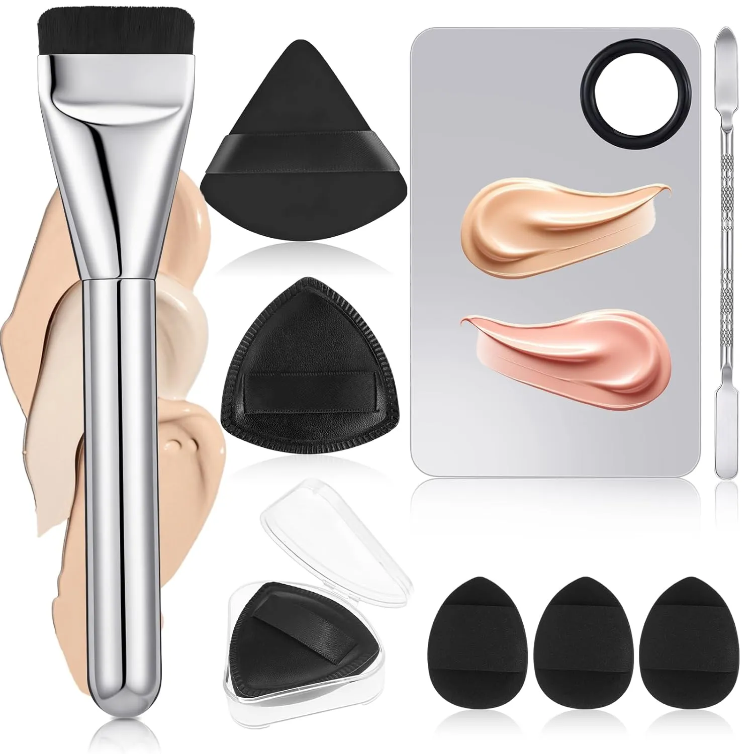 8 Pcs Flat Foundation Brush with Makeup Mixing Palette,Make Up Puff for Liquid Foundation,Cream
