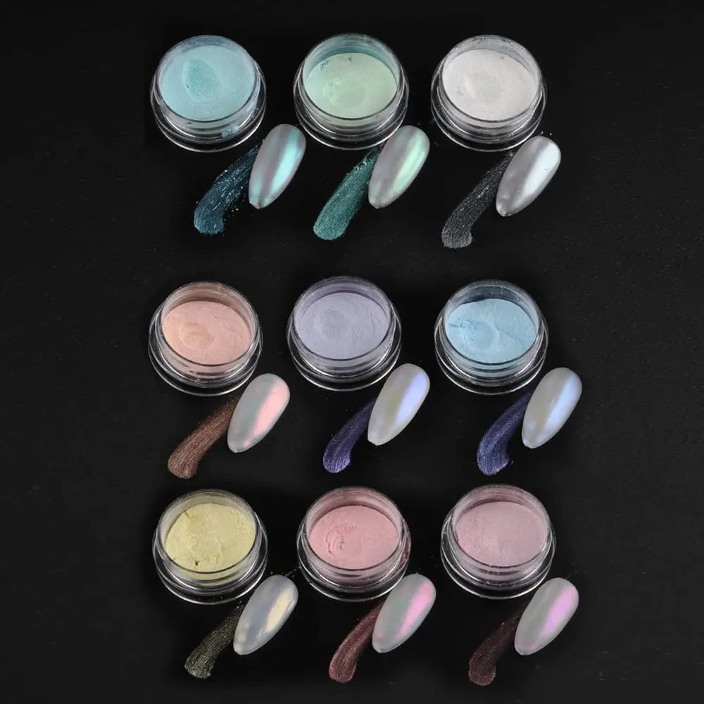 9Boxes Shiny Holographic Nail Glitter Sparkly Aurora Fairy Powder Chrome Pigment Dust Manicure Polish DIY Nail Art Decorations Rubbing On Nails Nail Art Mirror Chrome Mermaid Effect Make Up Glitters