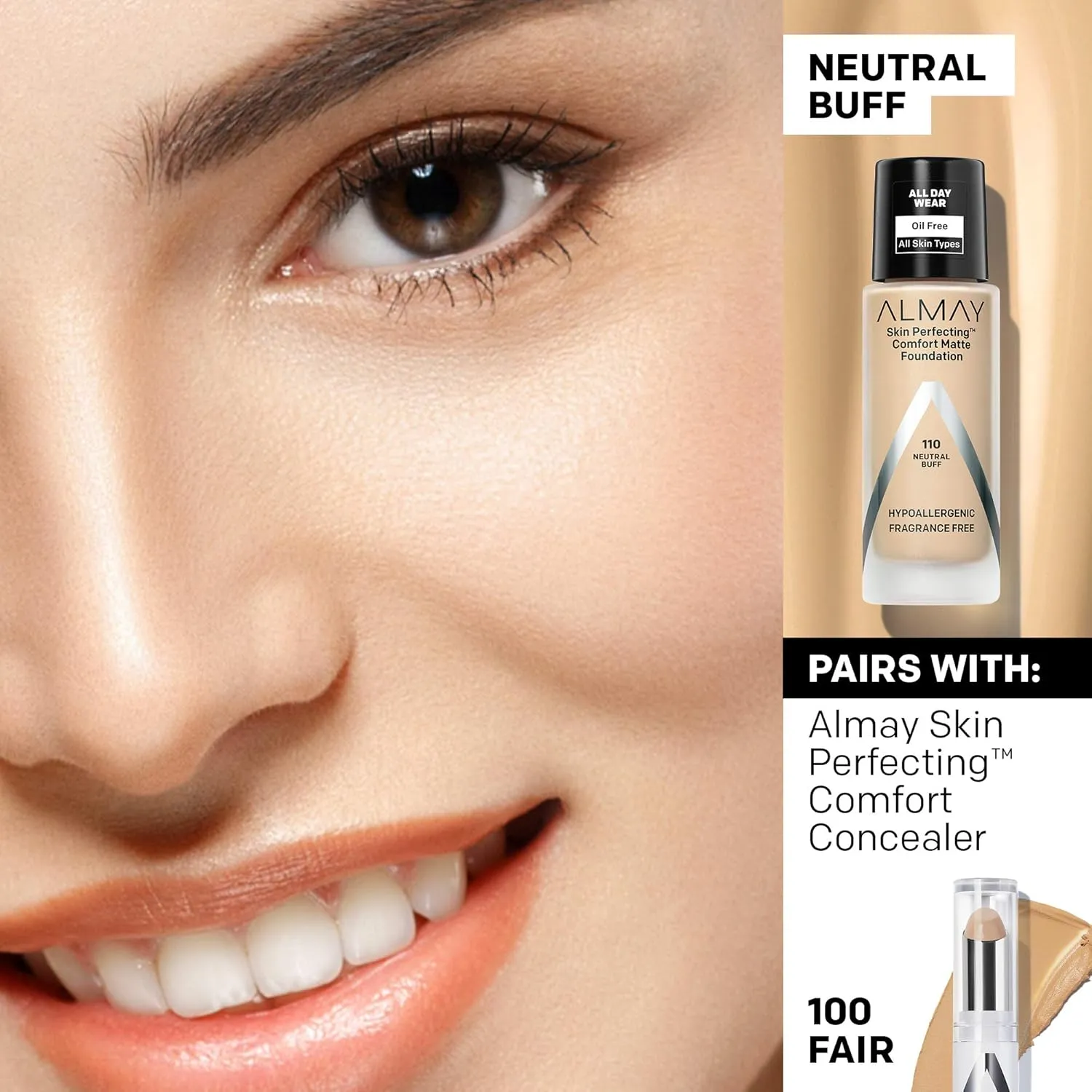 Almay Skin Perfecting Comfort Matte Foundation, Hypoallergenic, Cruelty Free, -Fragrance Free, Dermatologist Tested Liquid Makeup, Neutral Buff, 1 Fluid Ounce