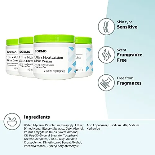 Amazon Brand - Solimo Ultra Moisturizing Skin Cream for Dry & Sensitive Skin, Dermatologist Tested, Fragrance Free, 16 Ounce (Pack of 4)