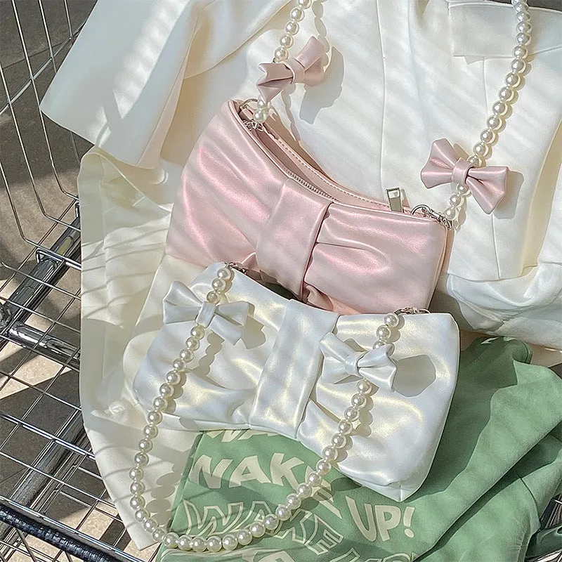 Amozae-Back To School Gifts Pearl Bow Aesthetic Shoulder Bag