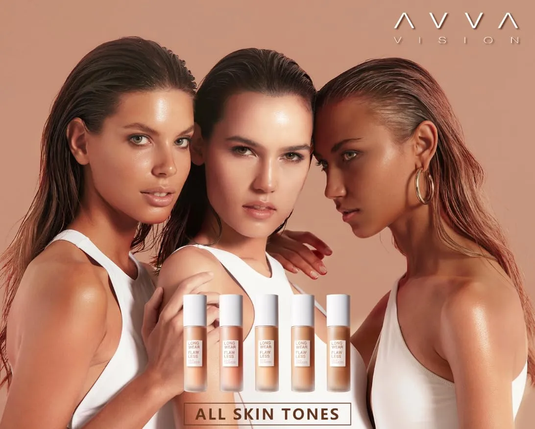 AVVA VISION Liquid Foundation Makeup Natural True Skin Tone Full Coverage Concealer Flawless Complexion Blendable Longwear, 102, 1 fl. oz.