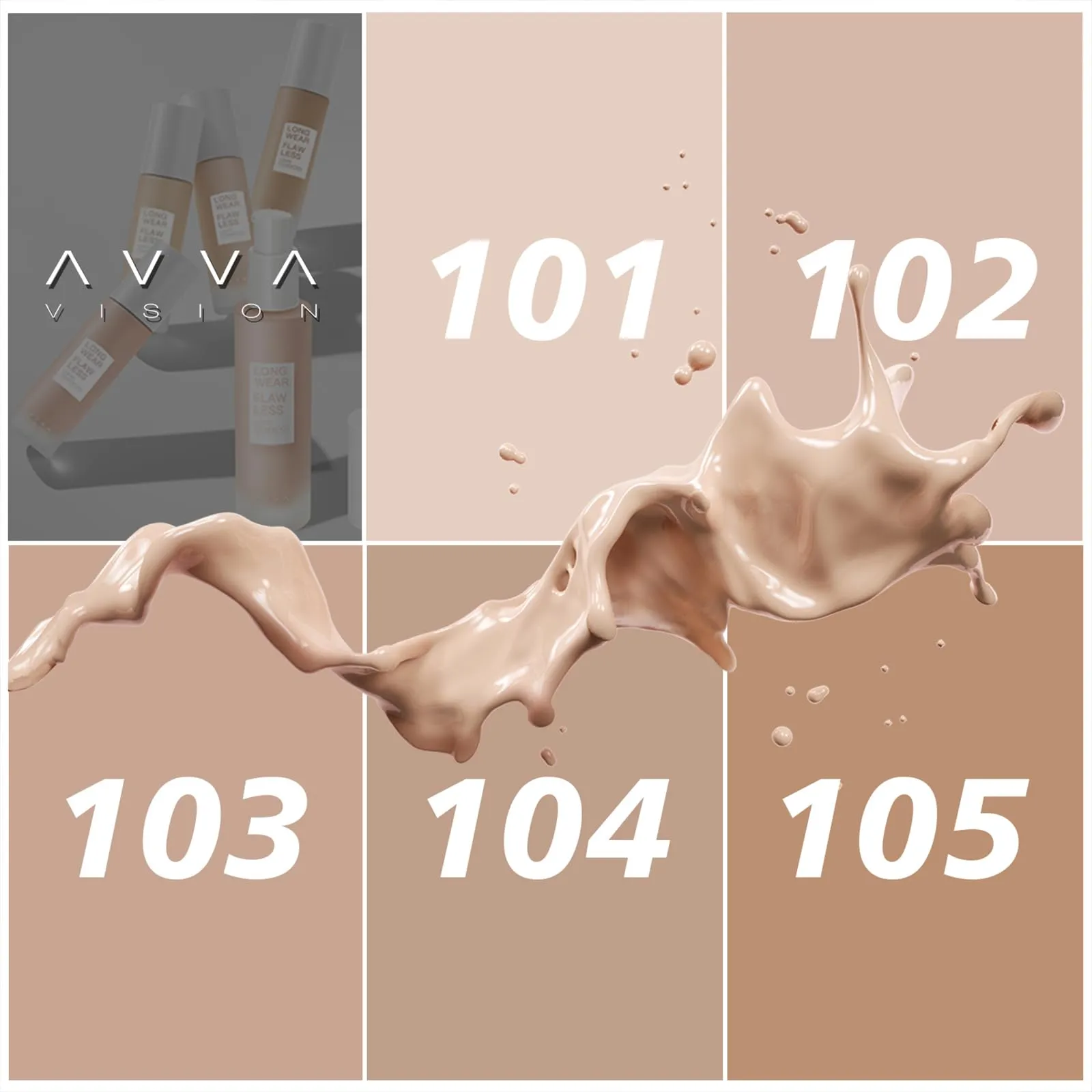 AVVA VISION Liquid Foundation Makeup Natural True Skin Tone Full Coverage Concealer Flawless Complexion Blendable Longwear, 102, 1 fl. oz.