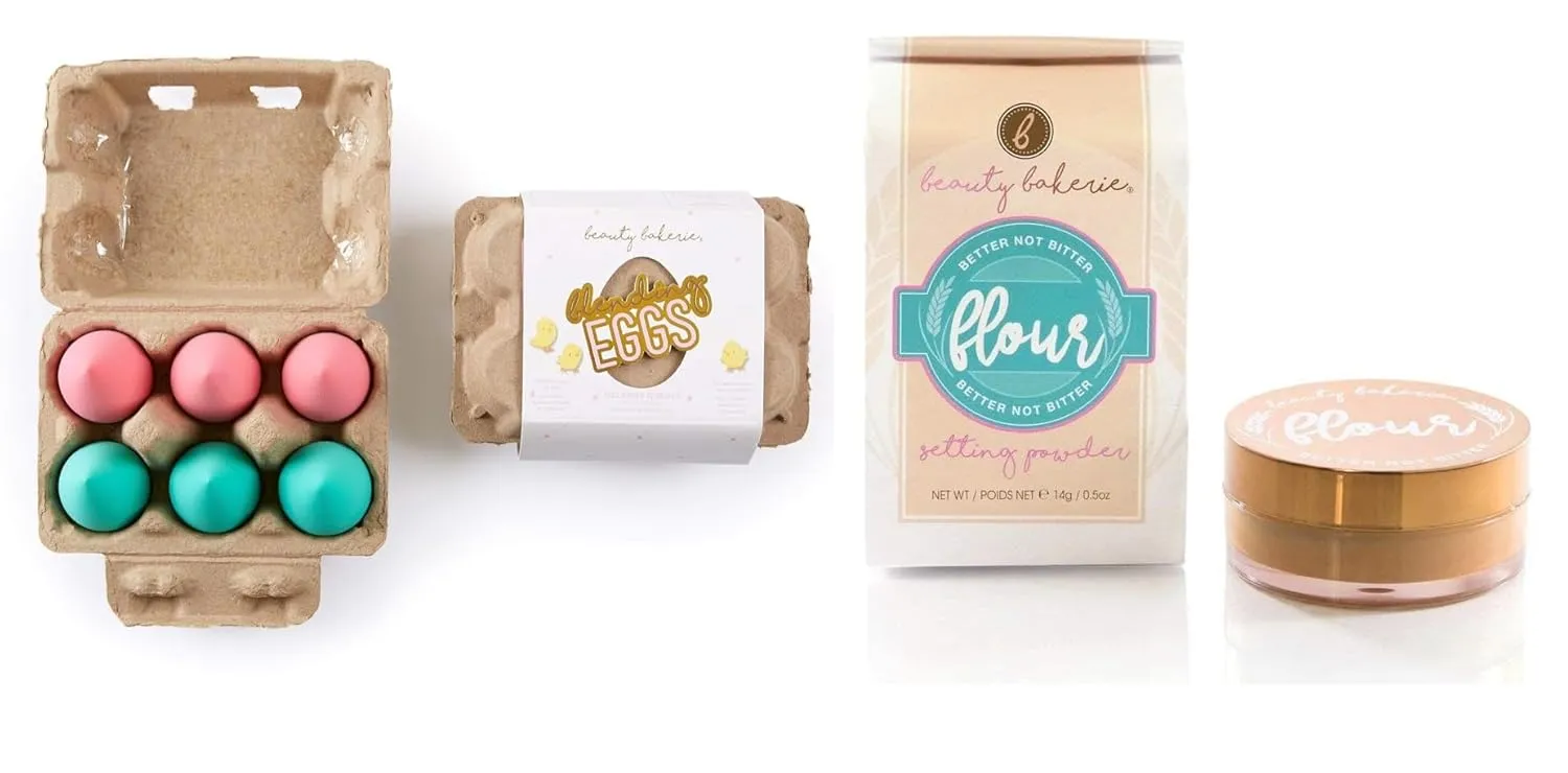 Beauty Bakerie Flour Setting Powder for Foundation, 0.5oz, Almond (Chestnut)   Blending Egg Beauty Sponge Cosmetic Face Blender Sponge Applicator, 6 Pack Set, Pink/Turquoise, 2 Pack Bundle