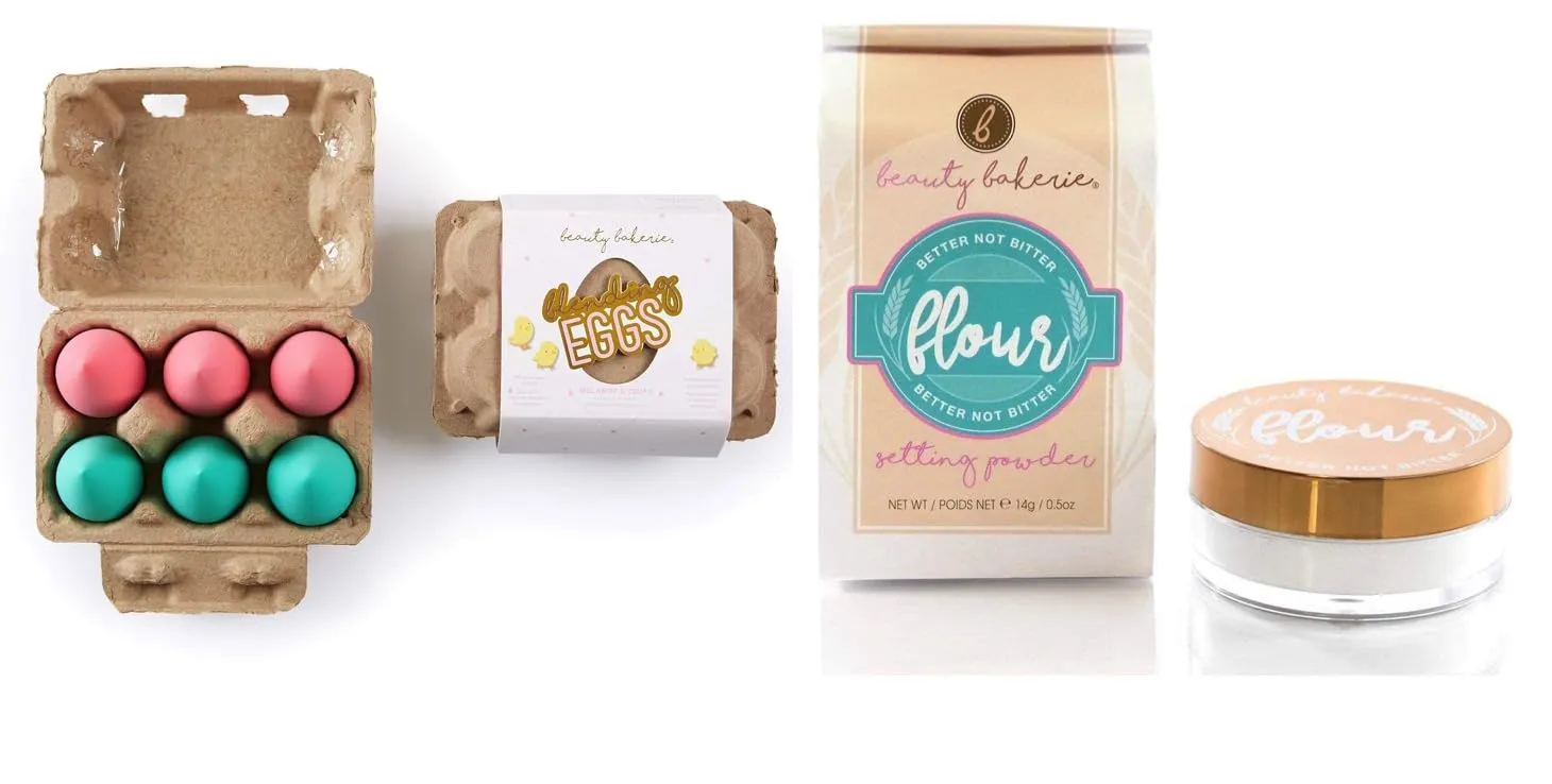Beauty Bakerie Flour Setting Powder for Foundation, 0.5oz, Rice (White)   Blending Egg Beauty Sponge Cosmetic Face Blender Sponge Applicator, 6 Pack Set, Pink/Turquoise, 2 Pack Bundle