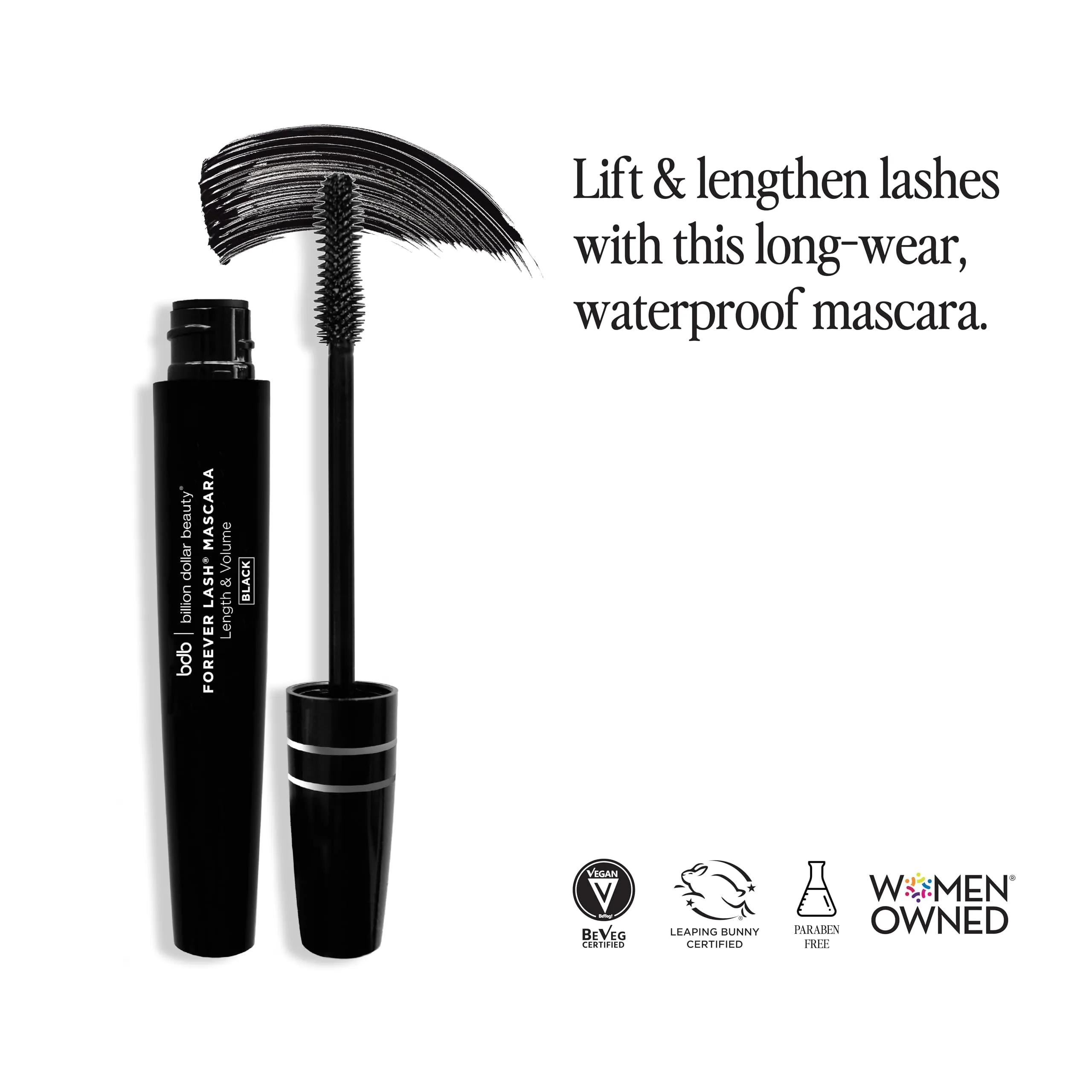 Billion Dollar Brows Forever Lash Mascara – Waterproof, Lengthening & Volumizing Formula, Silicone Wand for Maximum Impact, Cruelty-Free & Vegan, Long-Lasting Wear - Black, Pack of 1