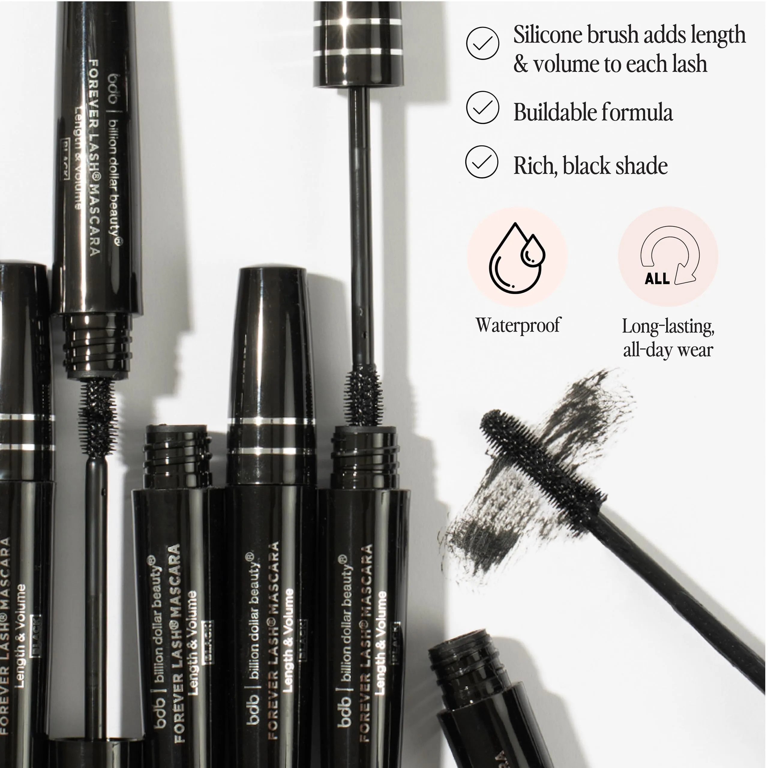 Billion Dollar Brows Forever Lash Mascara – Waterproof, Lengthening & Volumizing Formula, Silicone Wand for Maximum Impact, Cruelty-Free & Vegan, Long-Lasting Wear - Black, Pack of 1