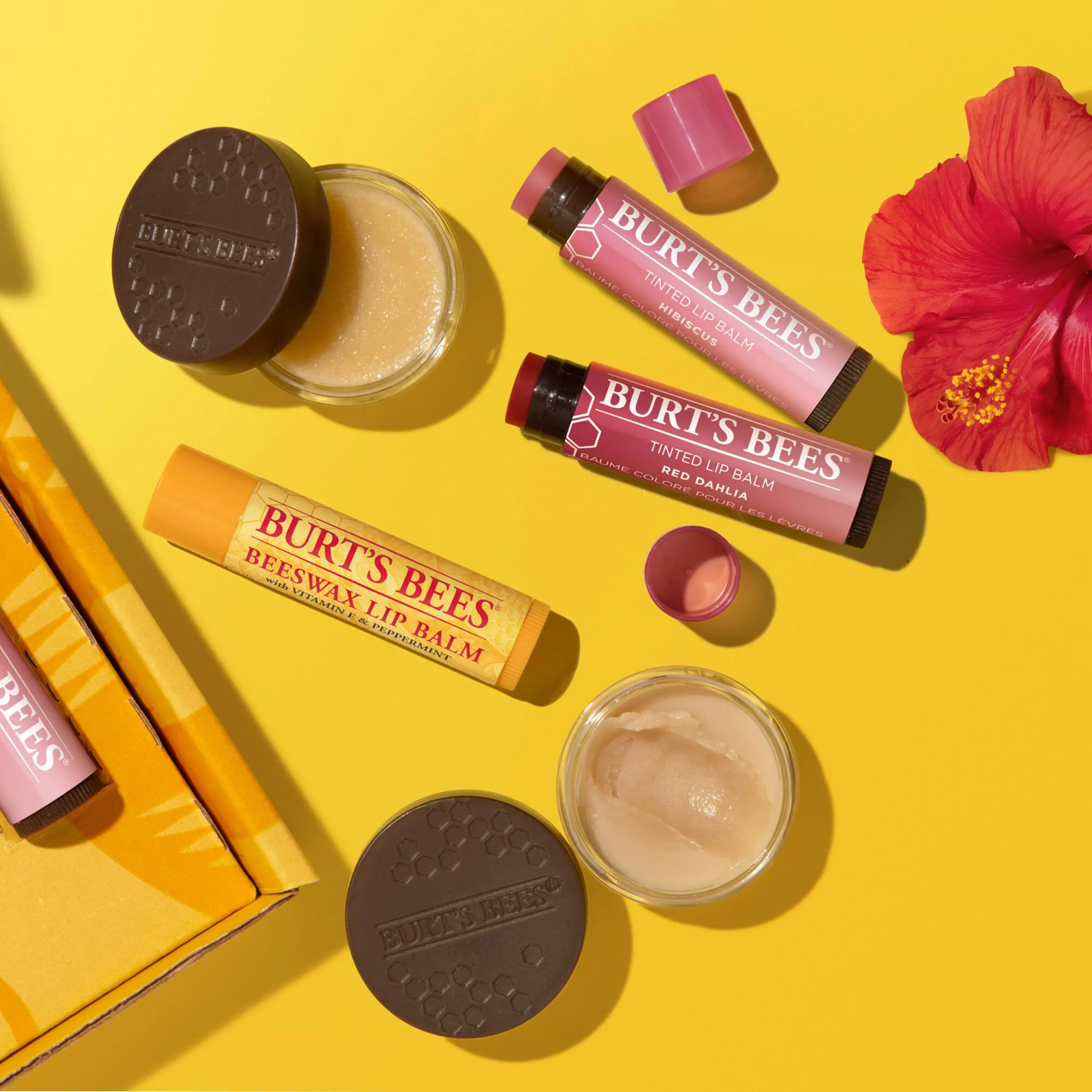 Burt's Bees Christmas Gifts, 5 Lip Care Stocking Stuffers Products - Original Beeswax Lip Balm, Hibiscus & Red Dahlia Tinted Lip Balm Duos, Overnight Lip Scrub & Overnight Lip Sleeping Mask Exfoliator