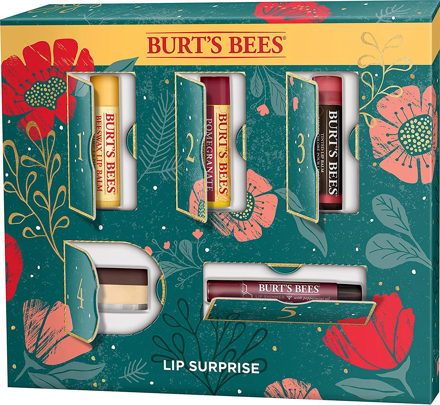 Burt’S Bees Holiday Gift, 5 Lip Care Stocking Stuffer Products, Lip Surprise Set - Overnight Intensive Lip Treatment, Rose Tinted Lip Balm, Fig Lip Shimmer, Pomegranate Lip Balm, Beeswax Lip Balm