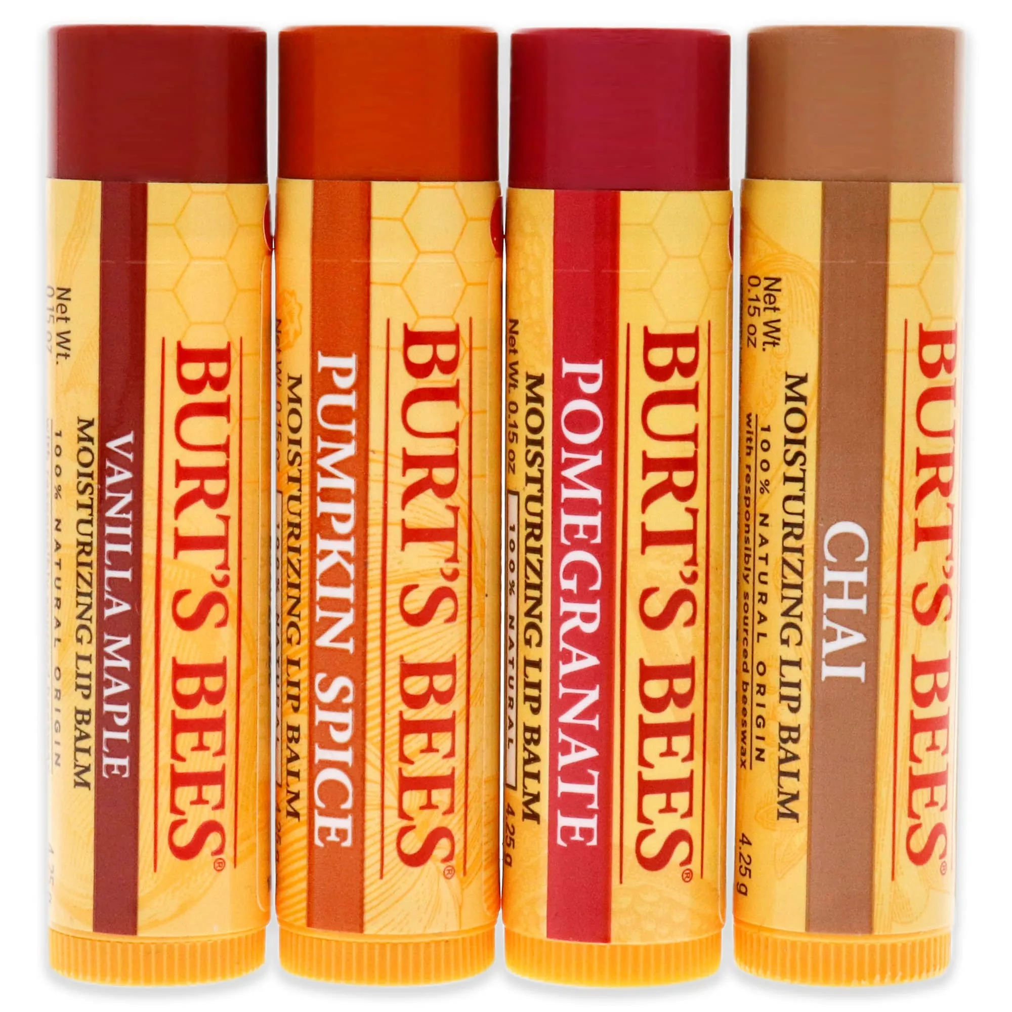 BURTS BEES Lip Balm Holiday Pack, Chai Tea, Pumpkin Spice, Vanilla Maple, Pomegranate, 4 Tubes