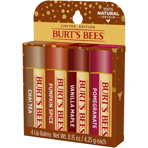 BURTS BEES Lip Balm Holiday Pack, Chai Tea, Pumpkin Spice, Vanilla Maple, Pomegranate, 4 Tubes