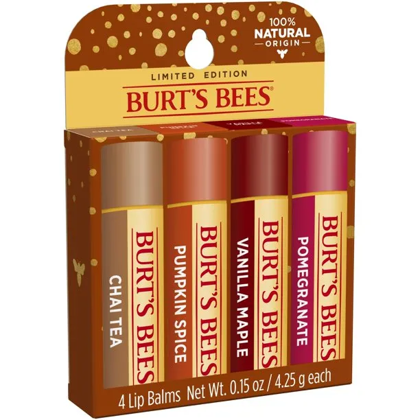 BURTS BEES Lip Balm Holiday Pack, Chai Tea, Pumpkin Spice, Vanilla Maple, Pomegranate, 4 Tubes