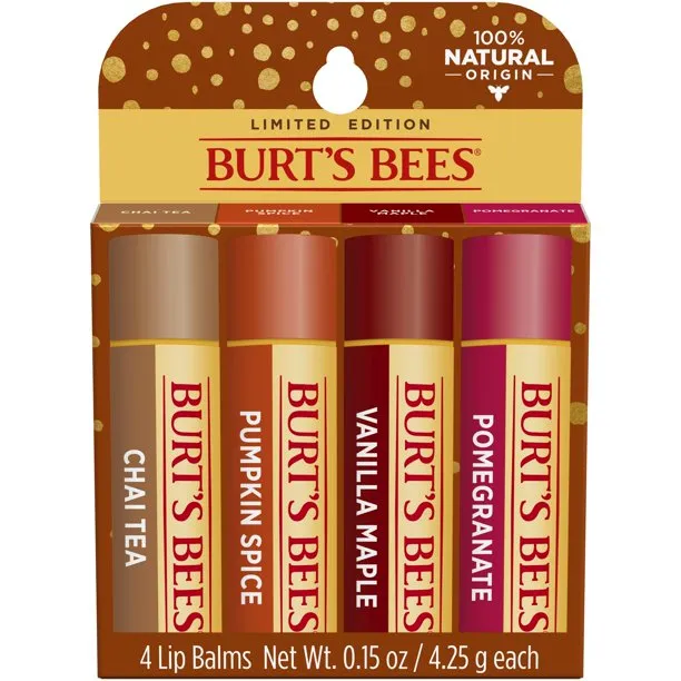 BURTS BEES Lip Balm Holiday Pack, Chai Tea, Pumpkin Spice, Vanilla Maple, Pomegranate, 4 Tubes