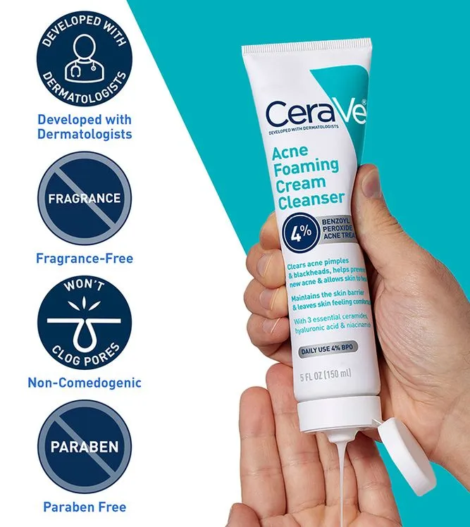 CeraVe Acne Foaming Cleanser with 4% Benzoyl Peroxide & Niacinamide, Remove Excess Oil & Dirt - 150Ml