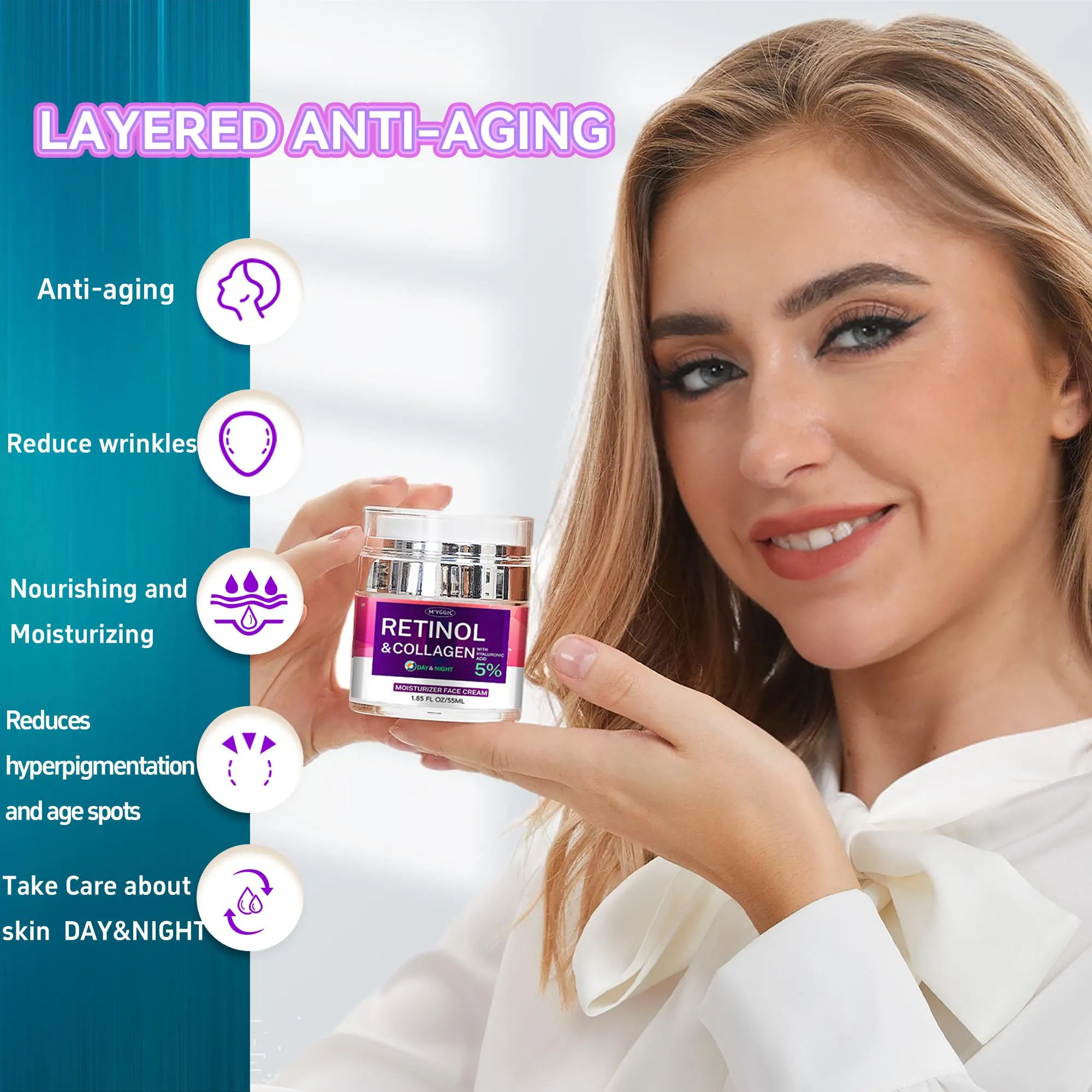 Collagen Moisturizer Retinol Face Cream with Hyaluronic Acid & Arbutin, Day & Night Anti Aging Facial Moisturizing Cream for Face and Neck to Reduce Wrinkles, Women and Men ，1.85 Fl Oz