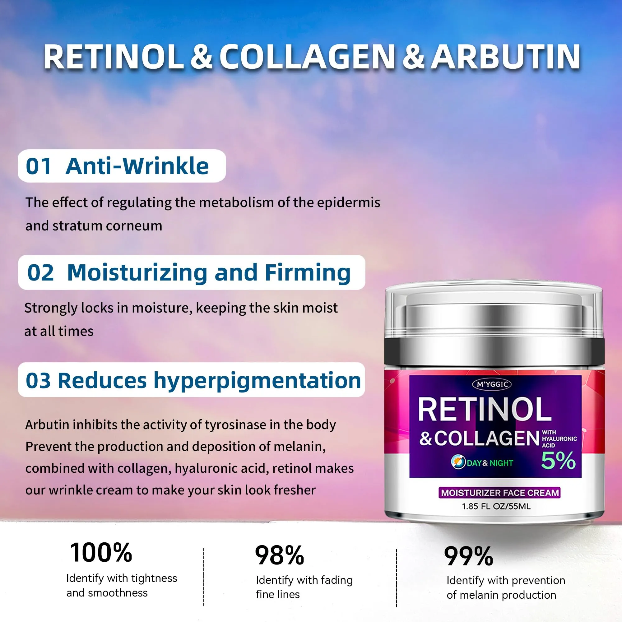 Collagen Moisturizer Retinol Face Cream with Hyaluronic Acid & Arbutin, Day & Night Anti Aging Facial Moisturizing Cream for Face and Neck to Reduce Wrinkles, Women and Men ，1.85 Fl Oz