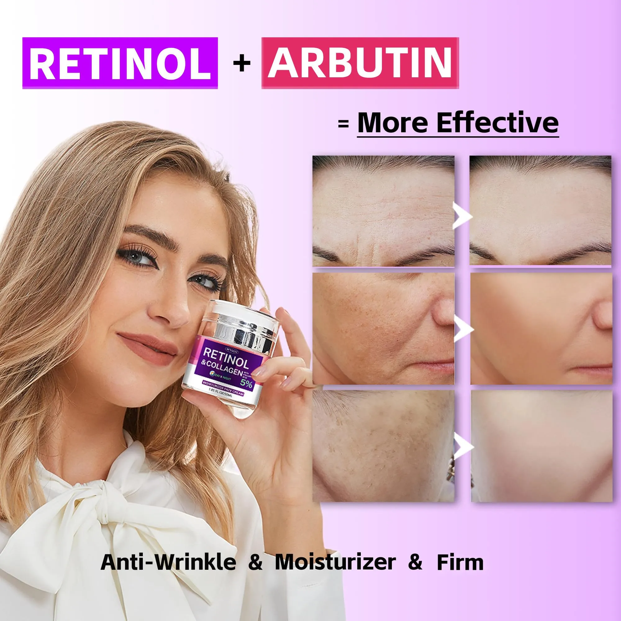 Collagen Moisturizer Retinol Face Cream with Hyaluronic Acid & Arbutin, Day & Night Anti Aging Facial Moisturizing Cream for Face and Neck to Reduce Wrinkles, Women and Men ，1.85 Fl Oz