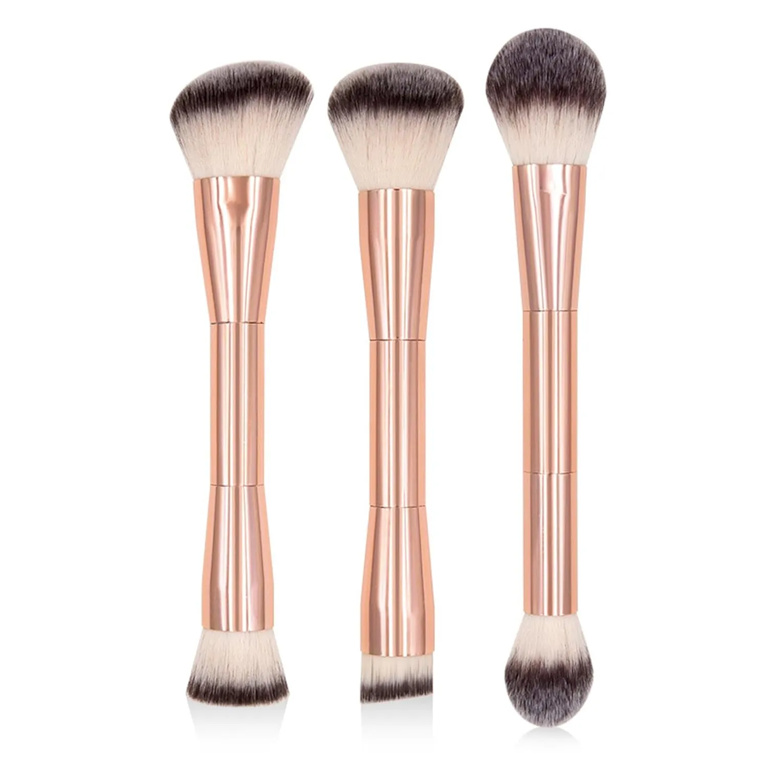 COSHINE 3PCS Professtional Dual-Head Makeup Brush Set, Gold Aluminum Handle, Powder and Foundation Duo for Flawless Application