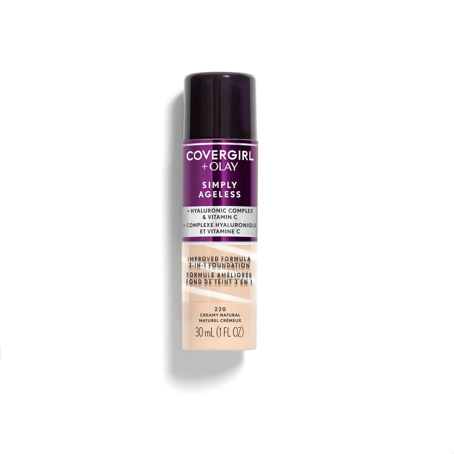 COVERGIRL & Olay Simply Ageless 3-in-1 Liquid Foundation, Matte Finish, Hyaluronic & Vitamin C Formula, 220 Creamy Natural, 1 Count