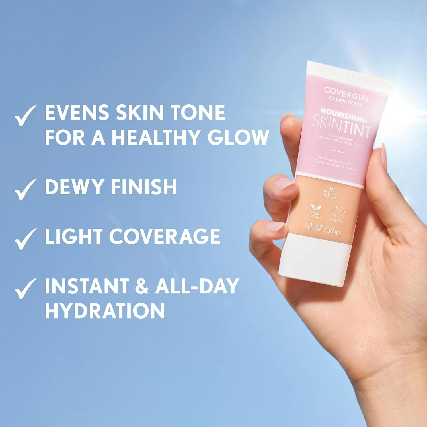 COVERGIRL Clean Fresh Nourishing Skin Tint, 520 Light, Liquid Foundation, Dewy Finish, Infused with Coconut & Aloe, Vegan Formula