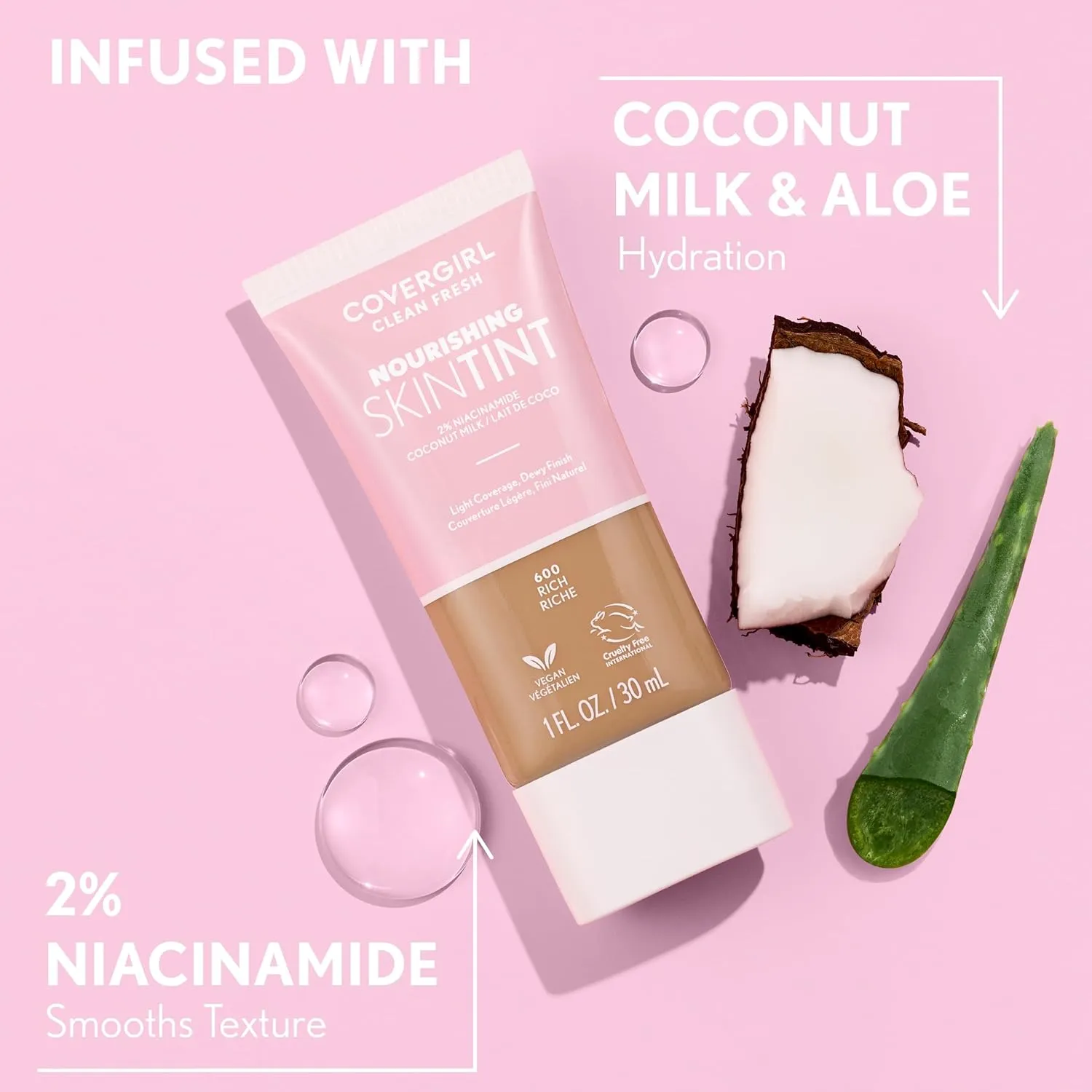 COVERGIRL Clean Fresh Nourishing Skin Tint, 520 Light, Liquid Foundation, Dewy Finish, Infused with Coconut & Aloe, Vegan Formula