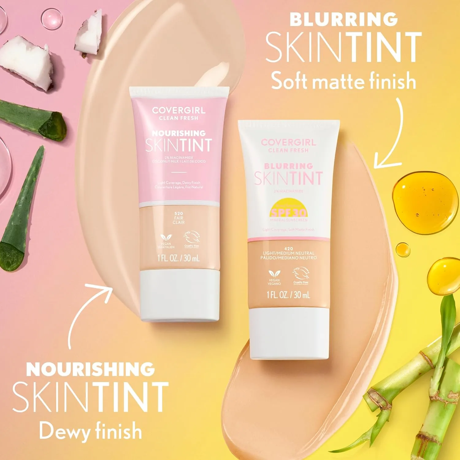 COVERGIRL Clean Fresh Nourishing Skin Tint, 520 Light, Liquid Foundation, Dewy Finish, Infused with Coconut & Aloe, Vegan Formula