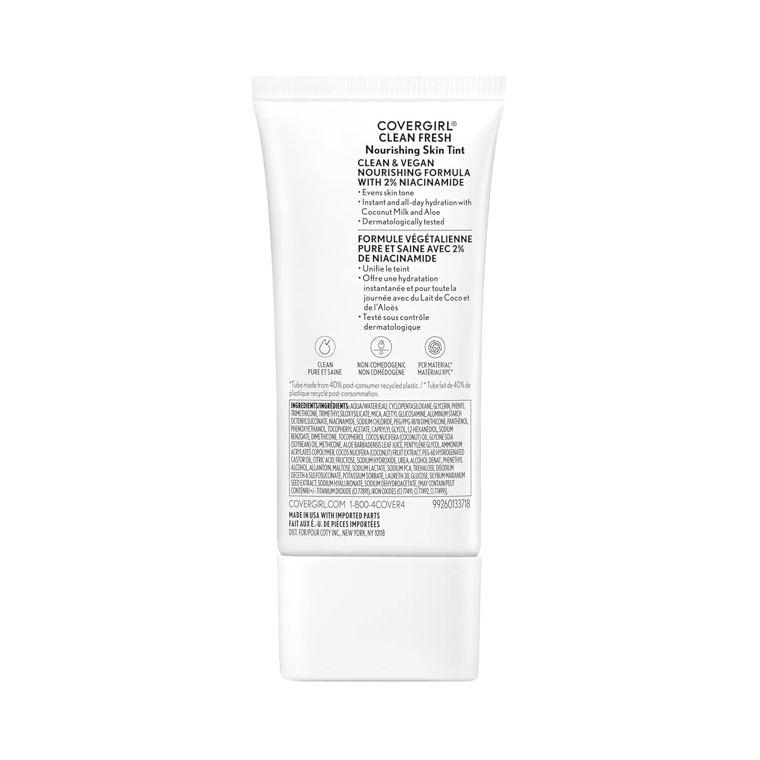 COVERGIRL Clean Fresh Nourishing Skin Tint, 520 Light, Liquid Foundation, Dewy Finish, Infused with Coconut & Aloe, Vegan Formula