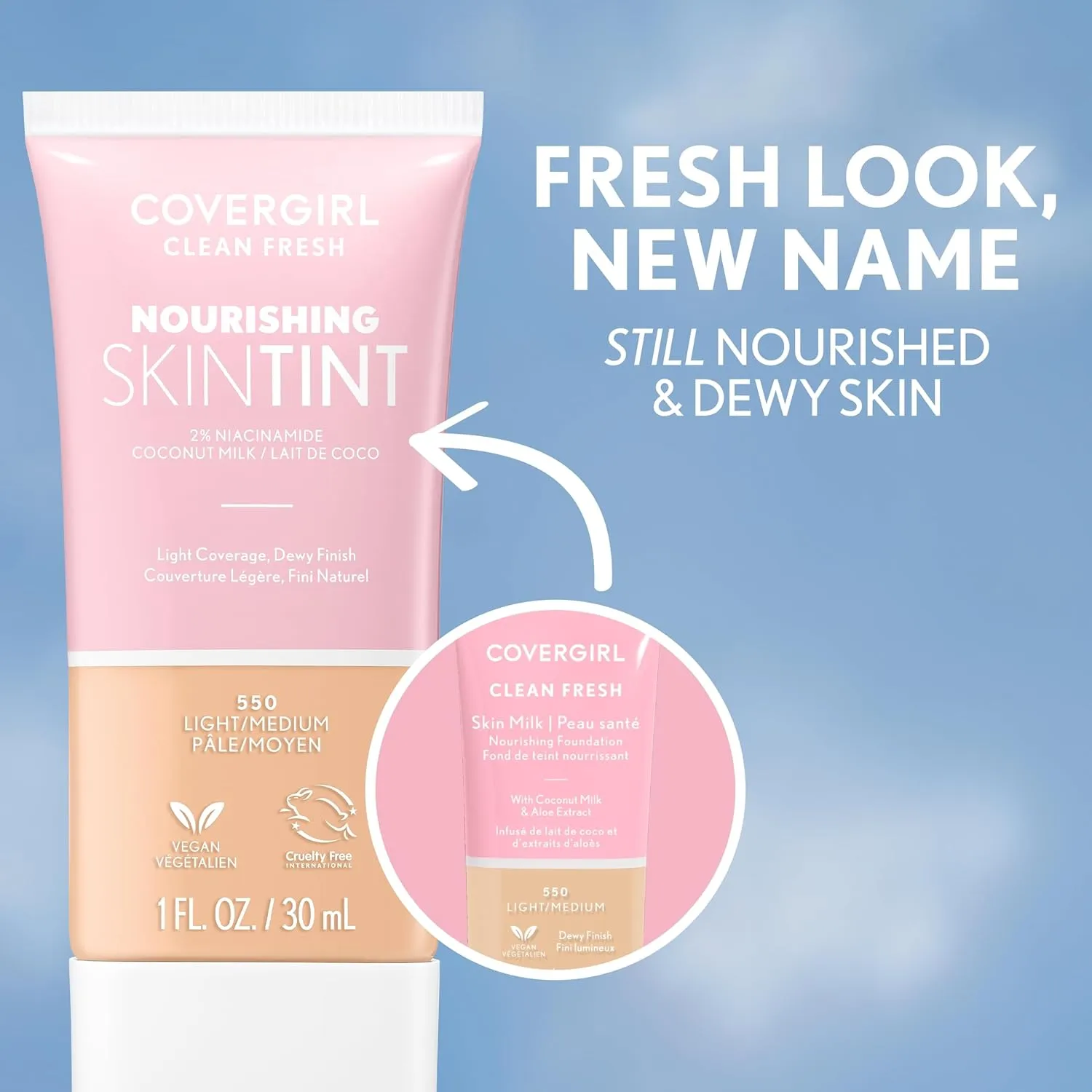 COVERGIRL Clean Fresh Nourishing Skin Tint, 520 Light, Liquid Foundation, Dewy Finish, Infused with Coconut & Aloe, Vegan Formula