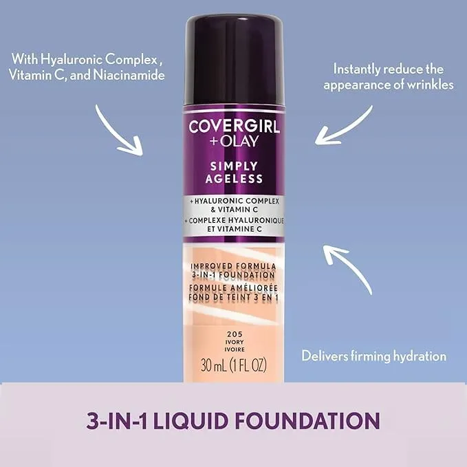 COVERGIRL OLAY Simply Ageless 3-in-1 Liquid Foundation, Classic Ivory & & Olay Simply Ageless Instant Wrinkle-Defying Foundation, Natural Ivory
