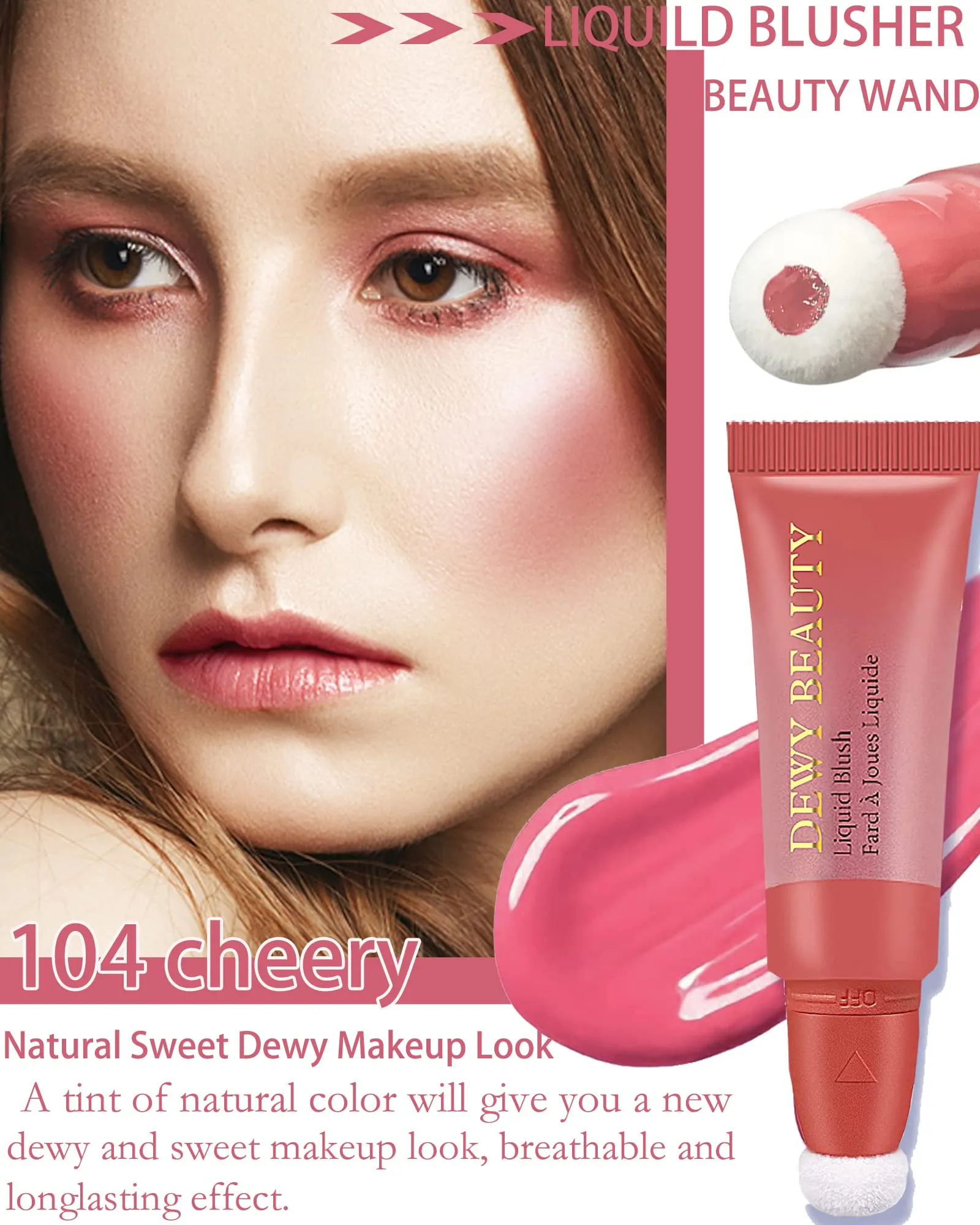 Creme Blush Beauty Wand, Matte Creamy Cheek Blusher Stick with Soft Cushion Applicator, Liquid Blush Makeup Dual Use for Cheeks & Lips, Weightless, Long-Wearing, Dewy Finish, Contour Blush Wand-104