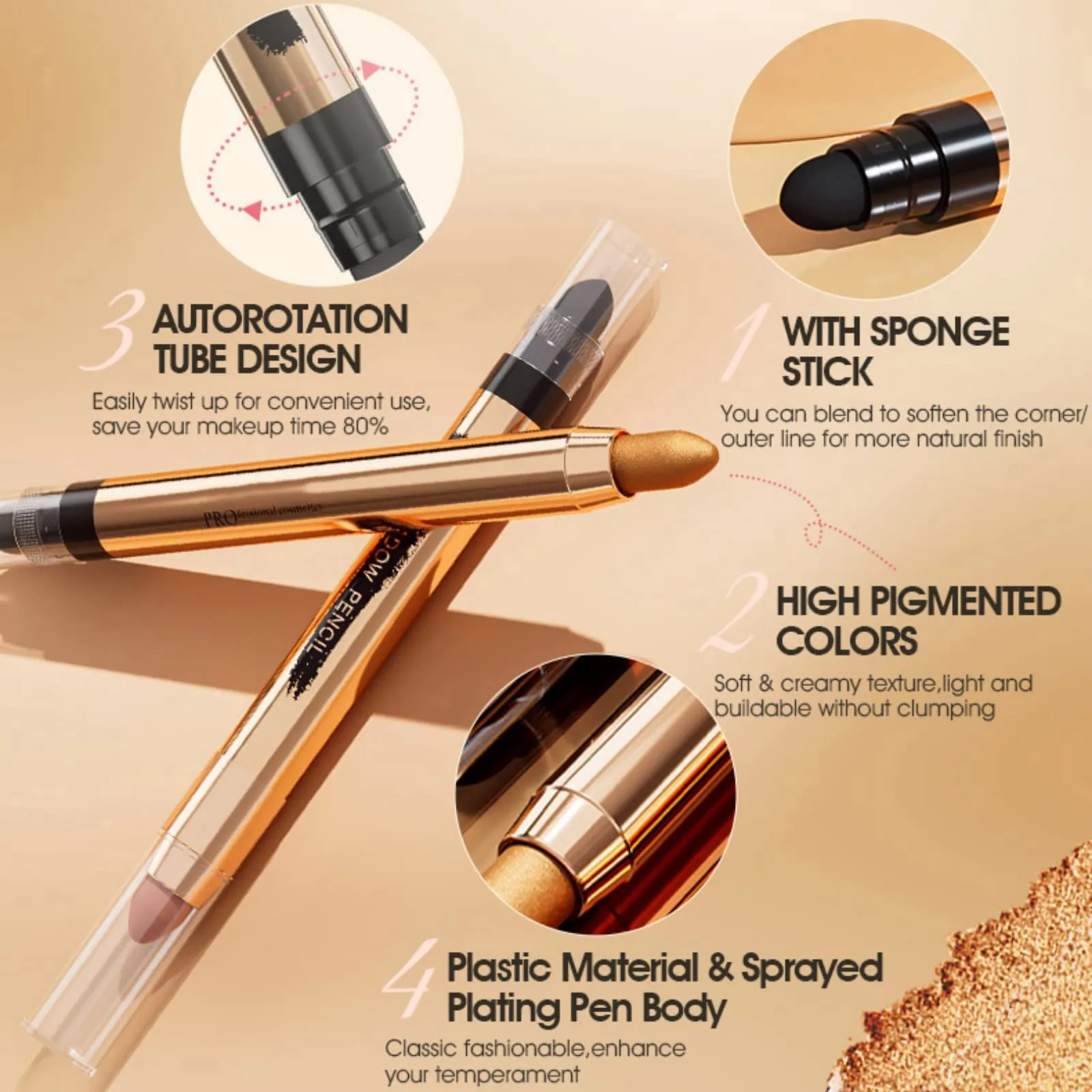 Ehinew Eyeshadow Stick - Neutral and Brown Metallic Eye Shadow Stick Makeup - Champagne Matte & Glitter Eyeshadow - Creamy & Waterproof Eyeshadow Brightener Pencil (10# Metallic)