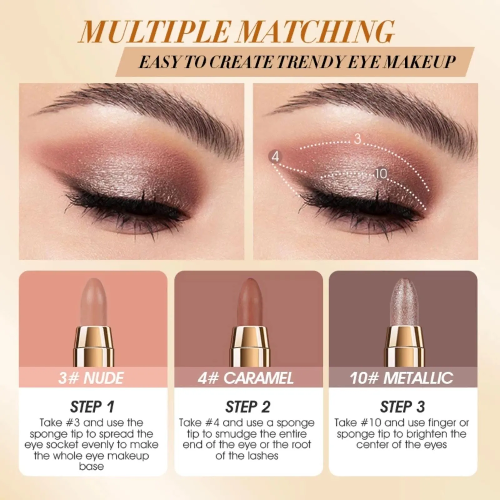 Ehinew Eyeshadow Stick - Neutral and Brown Metallic Eye Shadow Stick Makeup - Champagne Matte & Glitter Eyeshadow - Creamy & Waterproof Eyeshadow Brightener Pencil (10# Metallic)