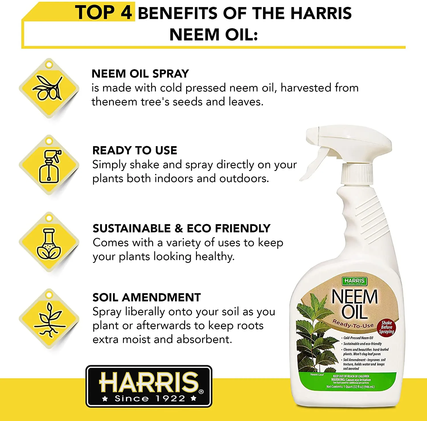 Harris Neem Oil Spray for Plants, Cold Pressed Ready to Use, 32oz