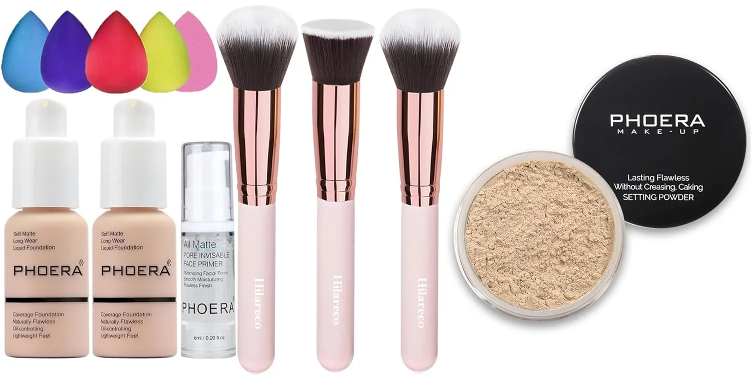 Hilareco PHOERA Foundation Makeup Set: Full Coverage Matte Liquid Foundation, Face Primer, Foundation Brush, Powder Brush, Soft Focus Setting Powder