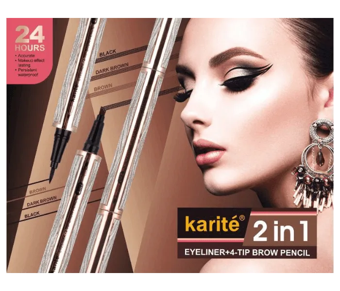 Karite 2 in 1 Black Eyeliner with 4-Tip Brown Eyebrow Pen Pencil