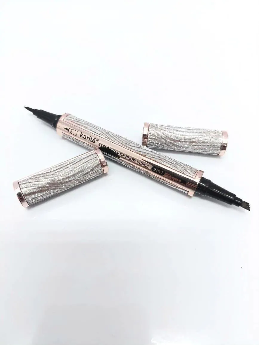 Karite 2 in 1 Black Eyeliner with 4-Tip Brown Eyebrow Pen Pencil