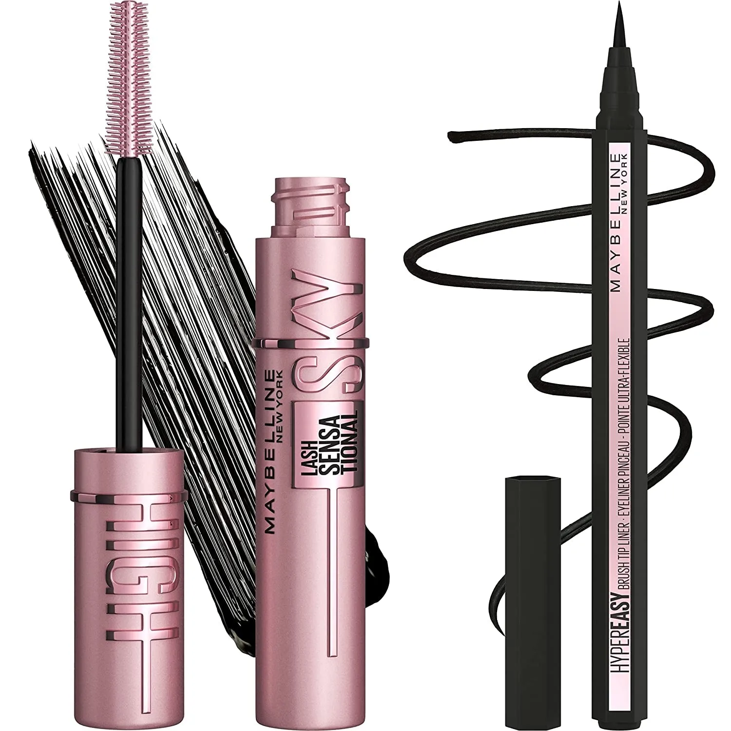 Lash Sensational Sky High Washable Mascara   Hyper Easy Liquid Eyeliner Makeup Bundle, Includes 1 Mascara in Blackest Black and 1 Eyeliner in Pitch Black