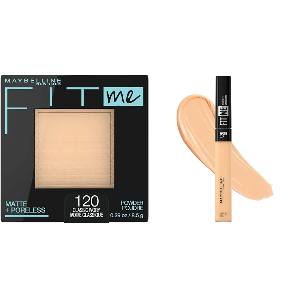 Maybelline Fit Me Matte   Poreless Pressed Face Powder Makeup & Setting Powder, Classic Ivory, 1 Count & New York Fit Me Liquid Concealer Makeup, Natural Coverage, Lightweight, Conceals