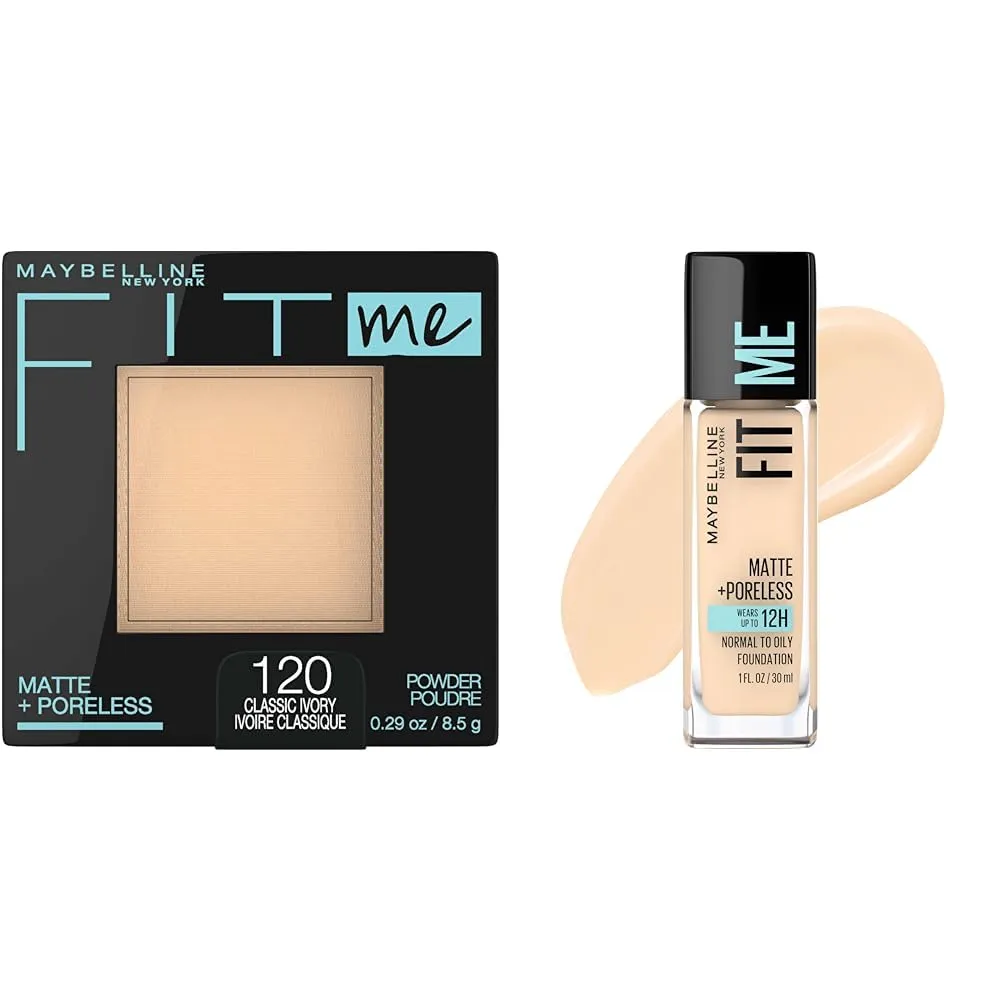 Maybelline Fit Me Matte   Poreless Pressed Powder Makeup & Liquid Foundation, Classic Ivory & Light Beige, 1 Count Each