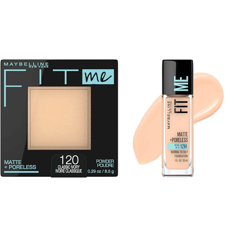 Maybelline Fit Me Matte   Poreless Pressed Powder Makeup & Liquid Foundation Makeup Bundle, 1 Count Each
