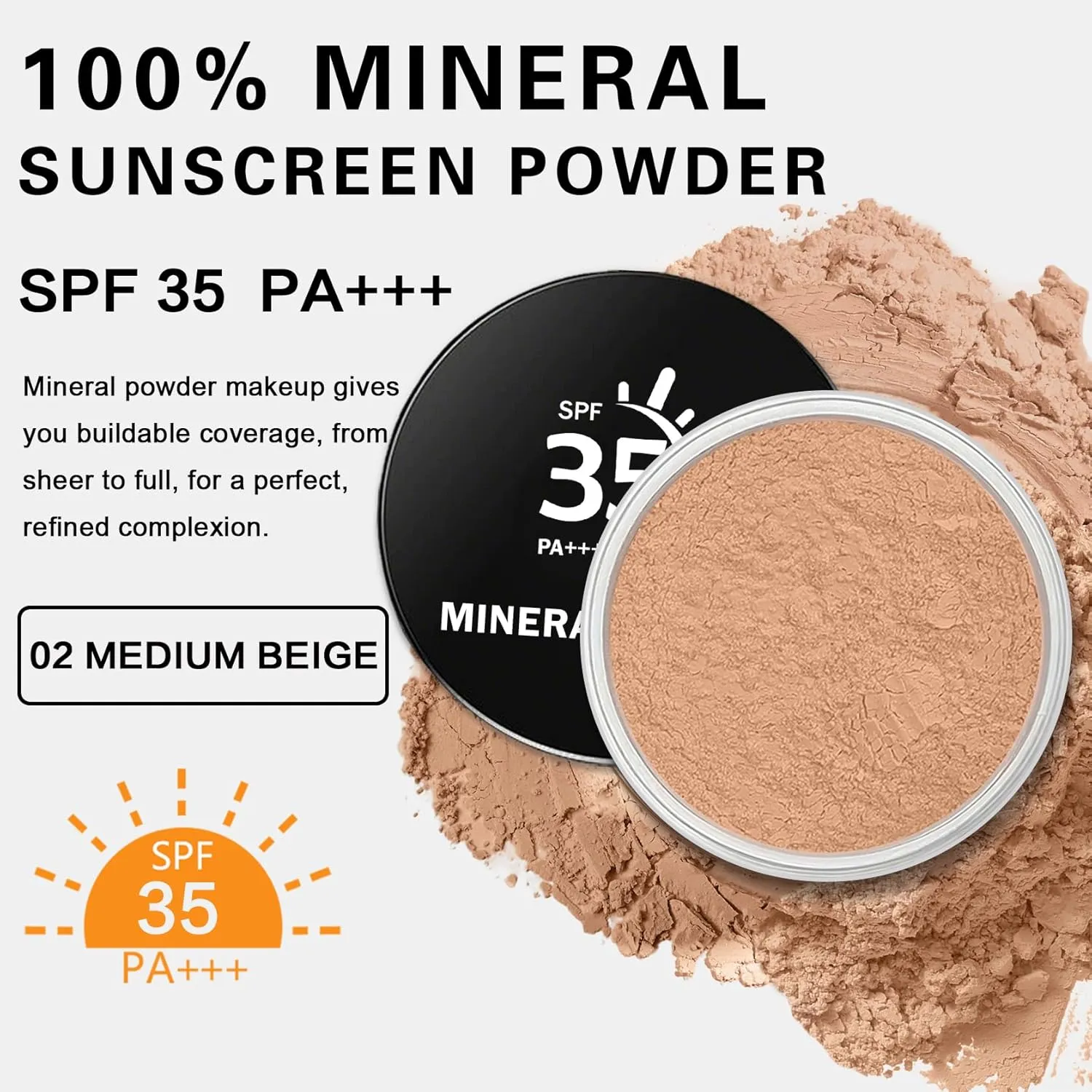 Mineral Powder Foundation,SPF 35,Lightweight Loose Powder Foundation Full Coverage,Buildable Coverage Mineral Sunscreen for Face,Talc Free,Vegan,0.35 oz,02 Medium Beige