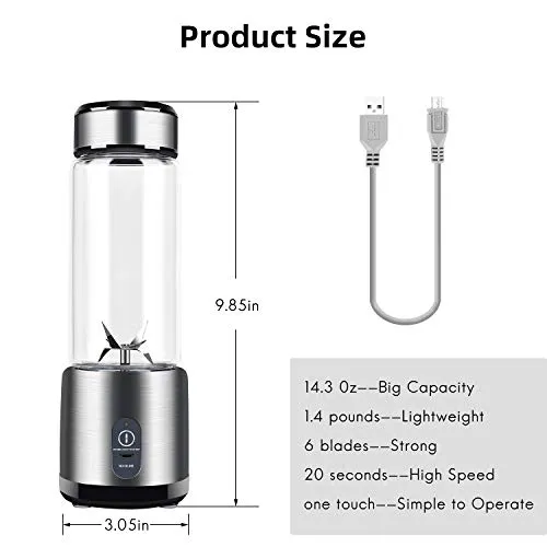 Portable Blender, Stainless Steel and Glass Body, Electric Juicer Cup Personal Size with USB Rechargeable, Mini Juice Mixer for Shakes Smoothies Home Outdoor