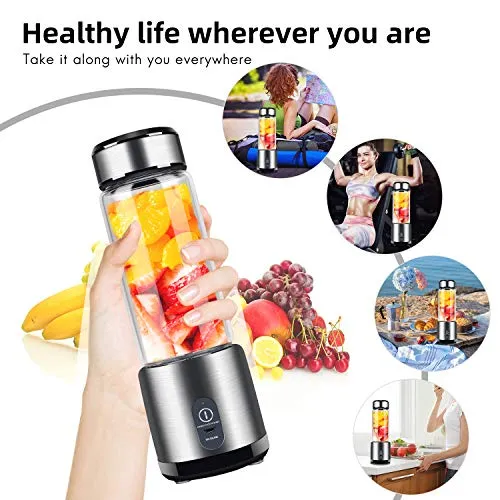 Portable Blender, Stainless Steel and Glass Body, Electric Juicer Cup Personal Size with USB Rechargeable, Mini Juice Mixer for Shakes Smoothies Home Outdoor
